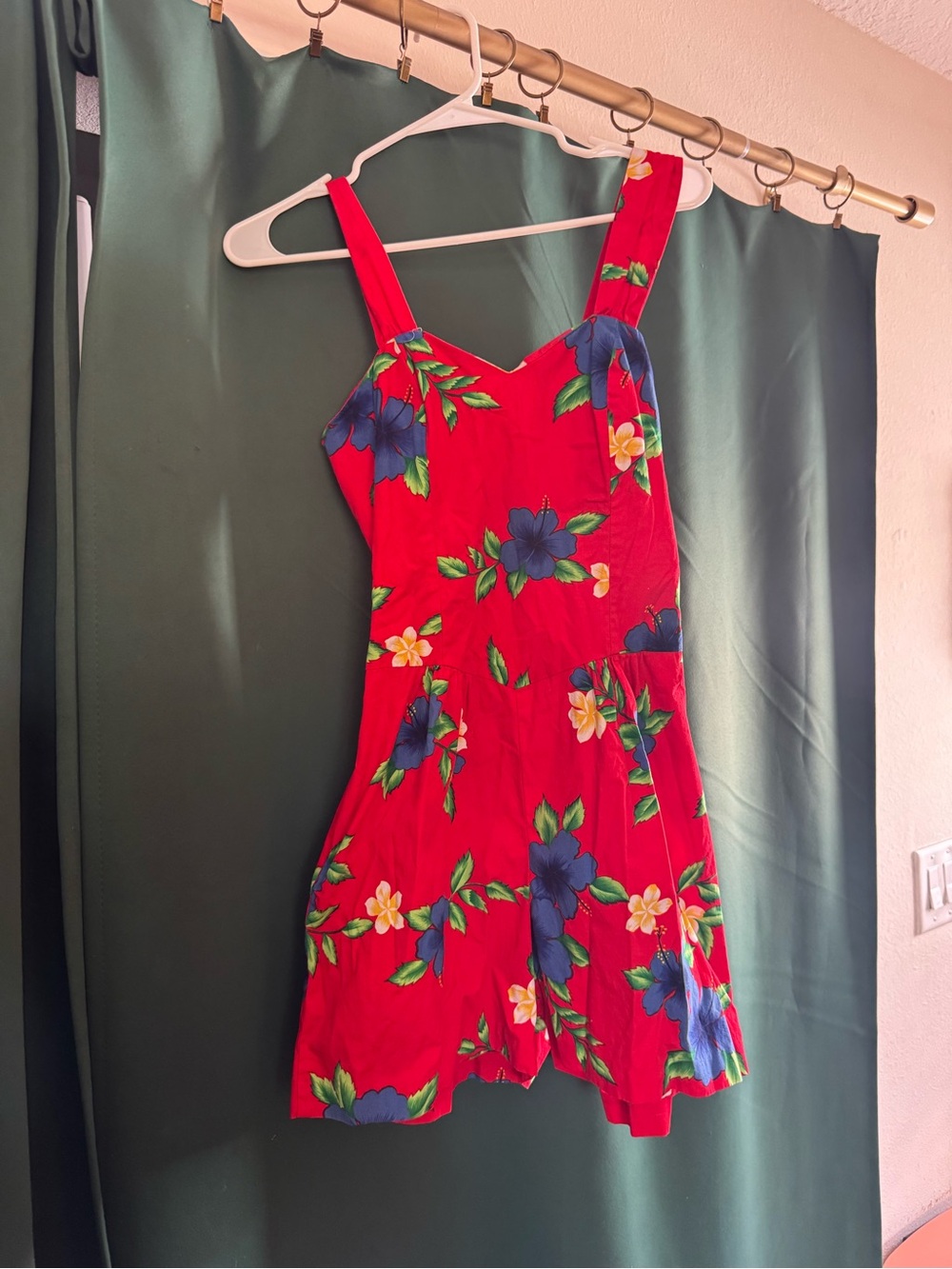 Red Floral Tiki Romper with Blue & Yellow Blooms